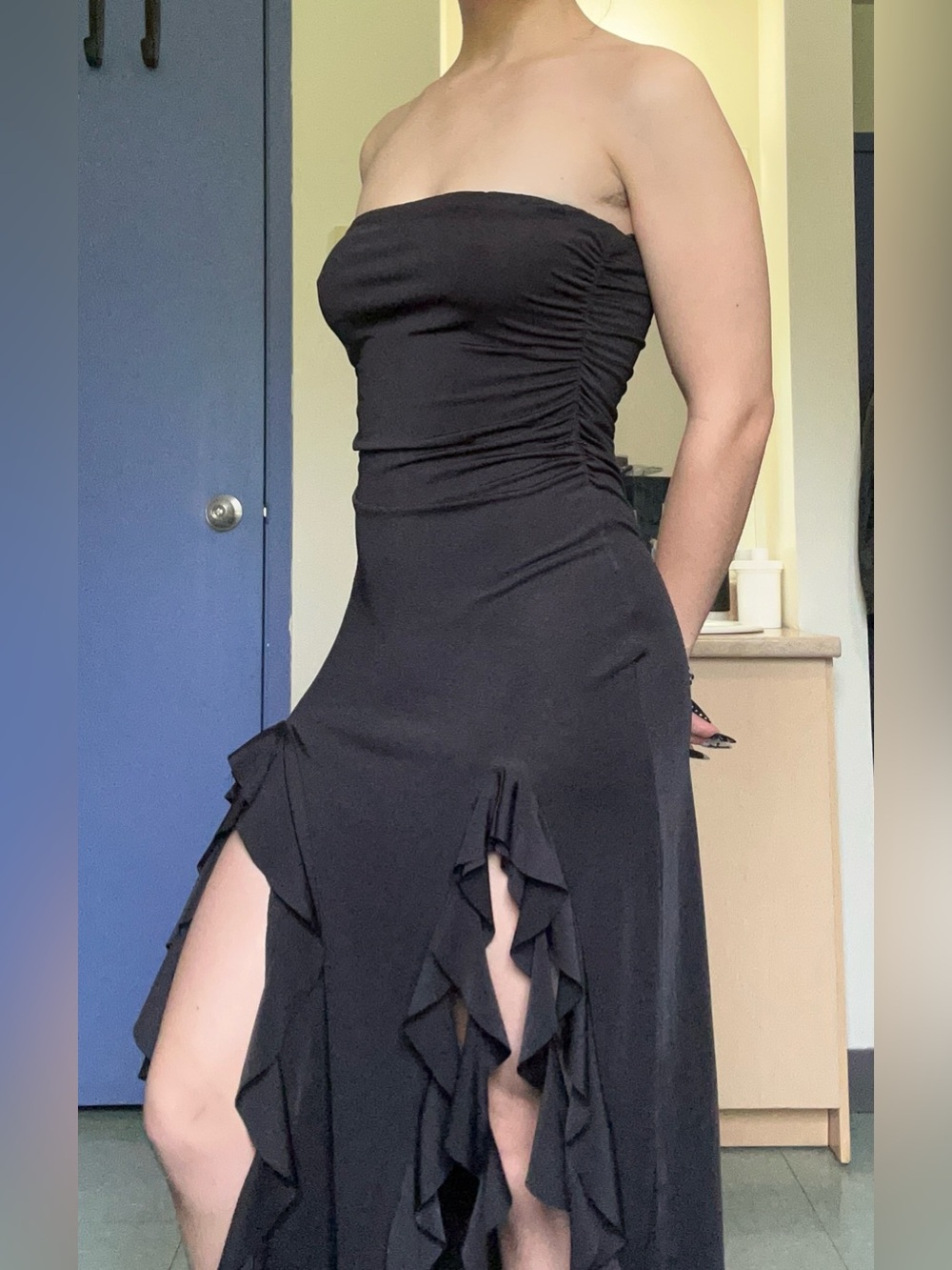 Strapless double slit black dress